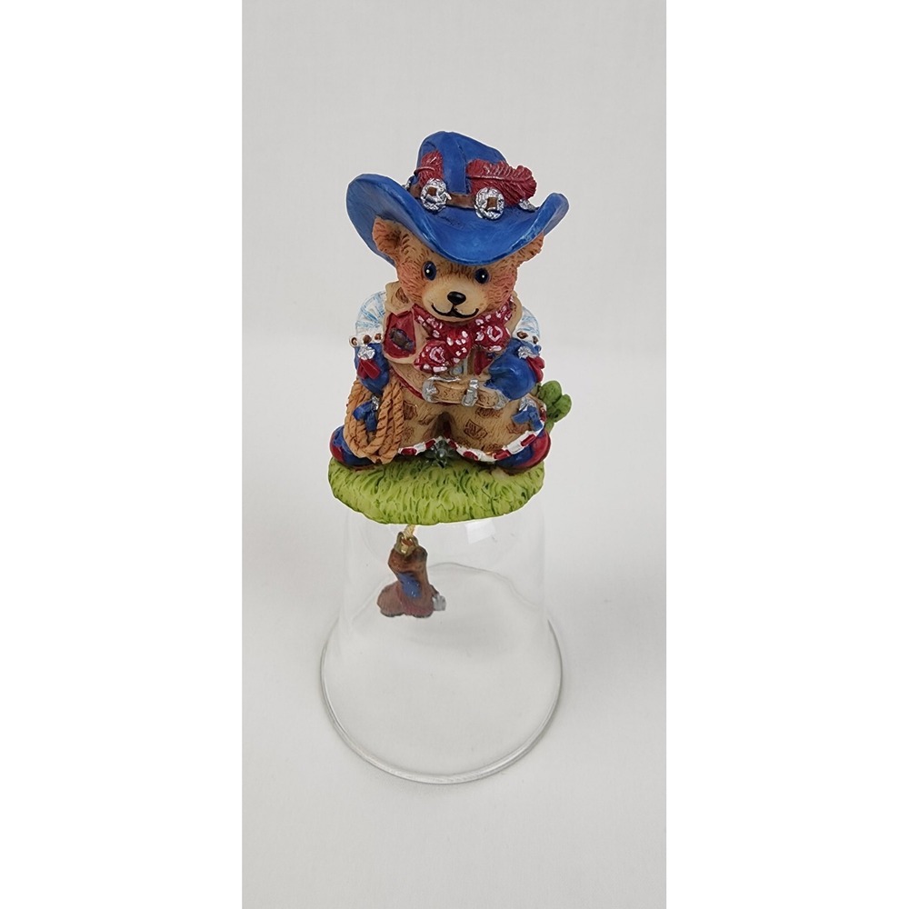 GiftCo Inc. Cowboy Bear Glass Bell Blue 4 11/16" Polystone Handle Boots Rope Hat